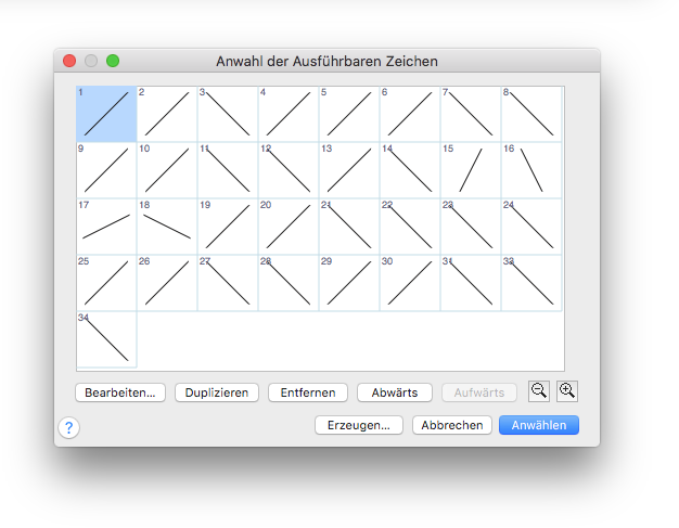 Dialogbox Anwahl der Ausführbaren Zeichen
